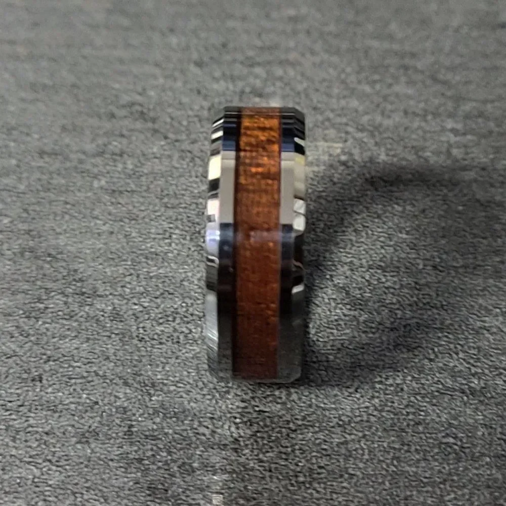 Men's Real Silver Tungsten Wedding Ring Whiskey Barrel Wood Inlay